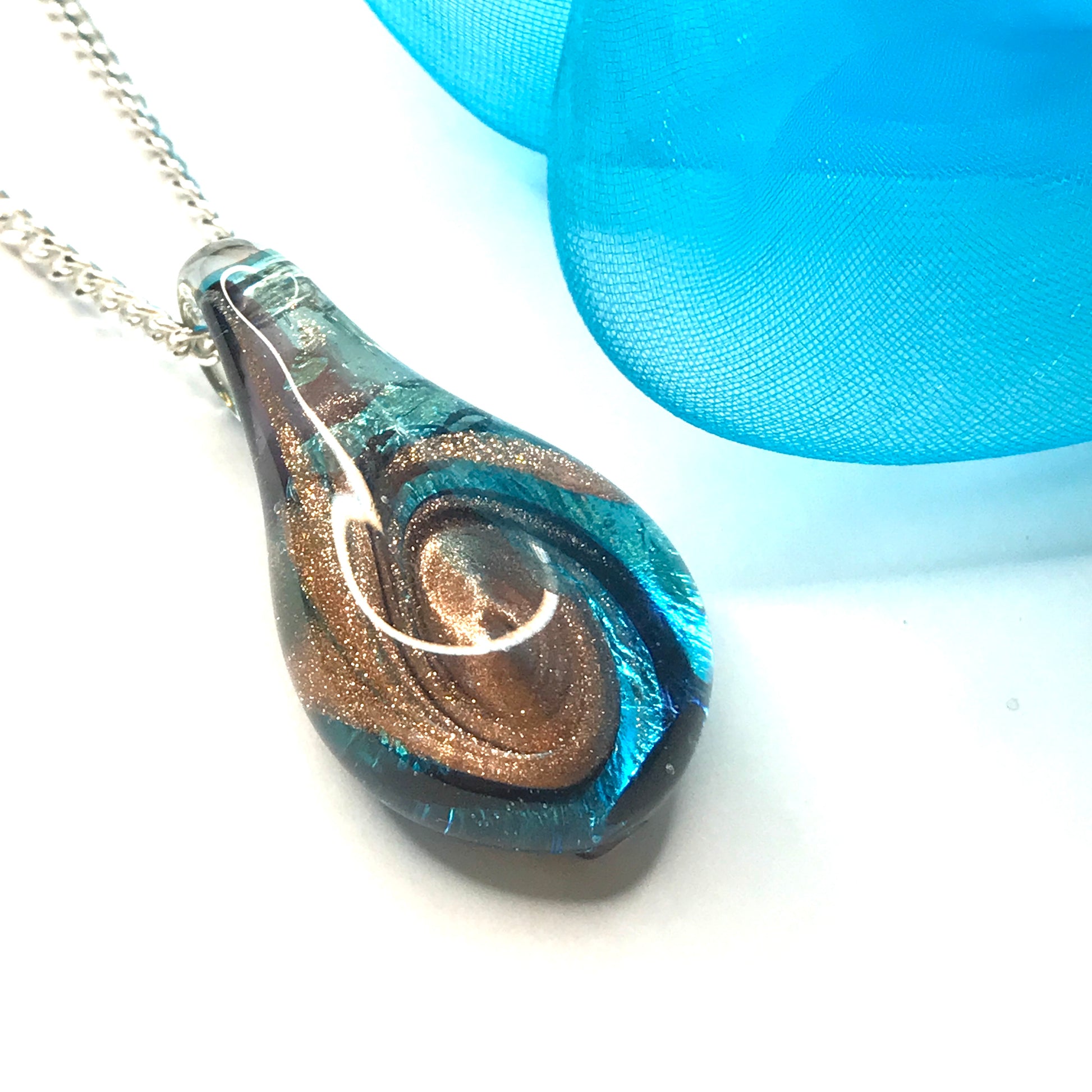 Blue real Murano glass tear drop necklace pendant including chain