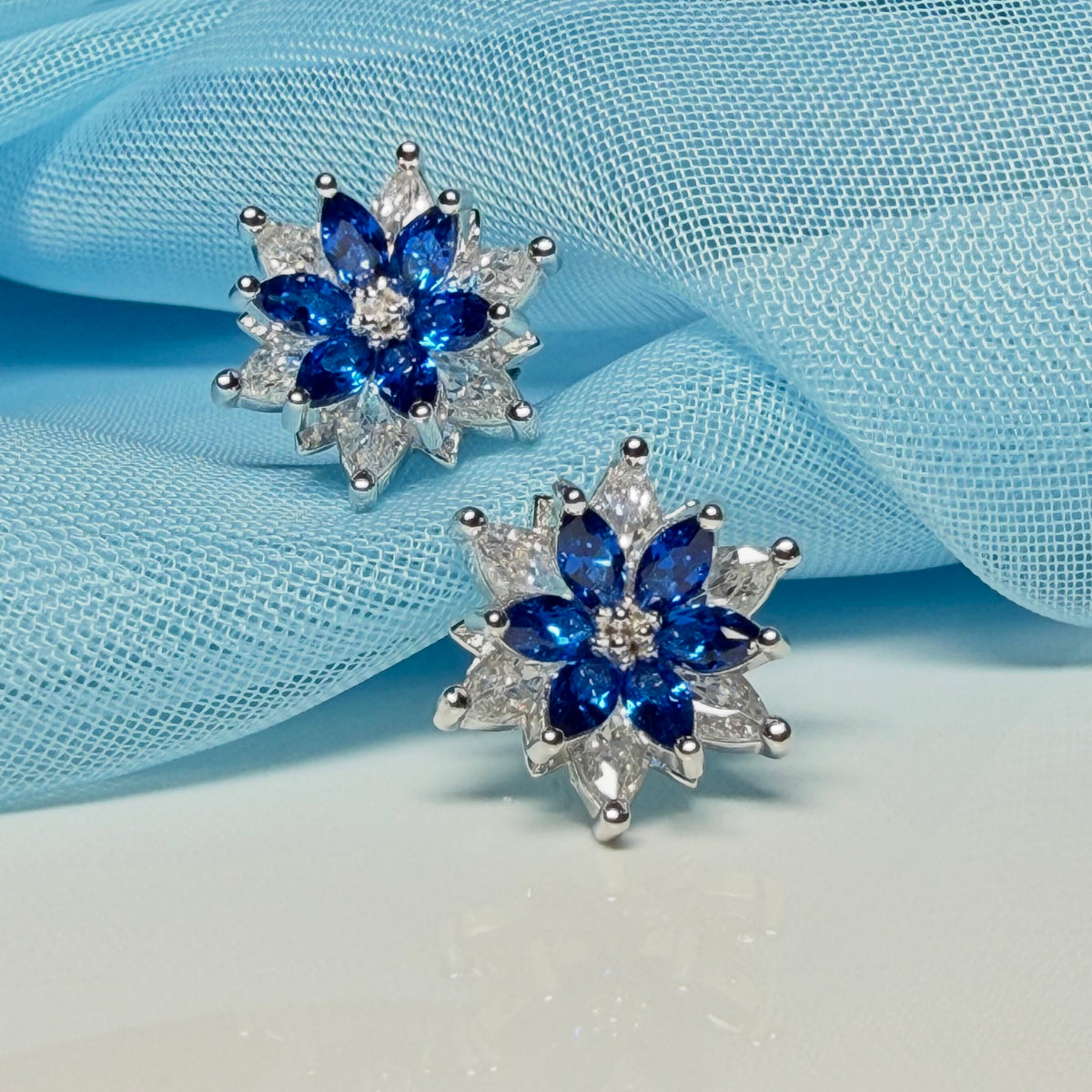 Blue round marquise cluster earrings cubic zirconia sterling silver