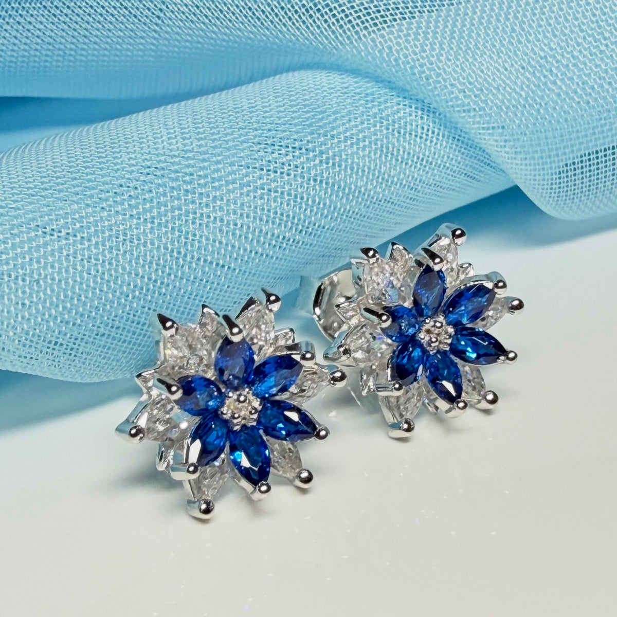 Blue round marquise cluster earrings cubic zirconia sterling silver