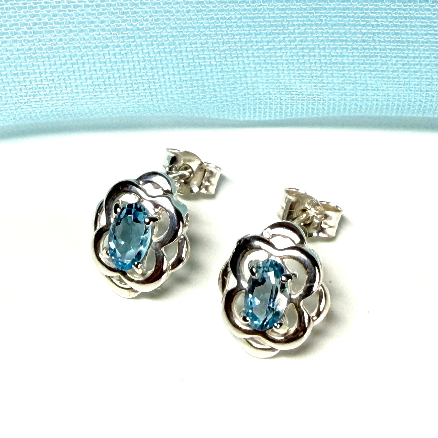 Blue topaz sterling silver oval Celtic stud earrings