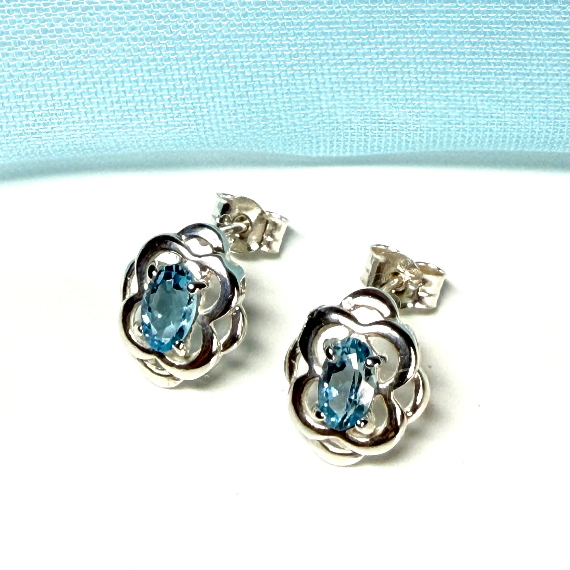 Blue topaz sterling silver oval Celtic stud earrings