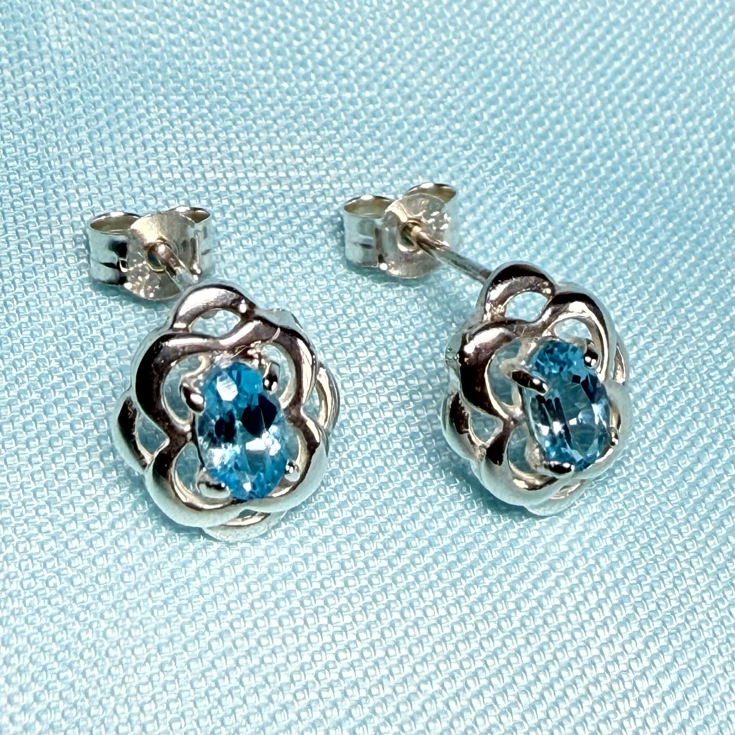 Blue topaz sterling silver oval Celtic stud earrings
