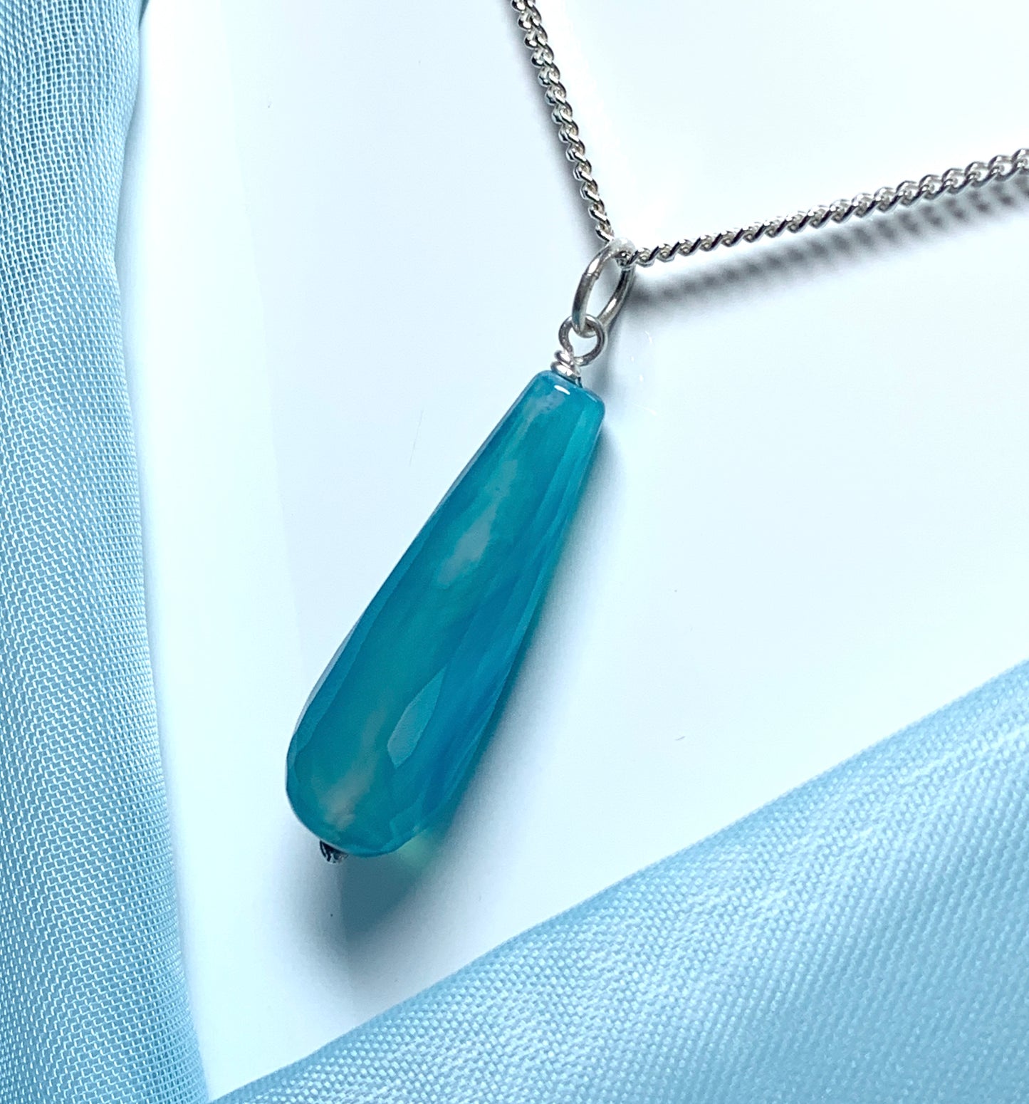 Blue agate shaped teardrop necklace pendent sterling silver bomber