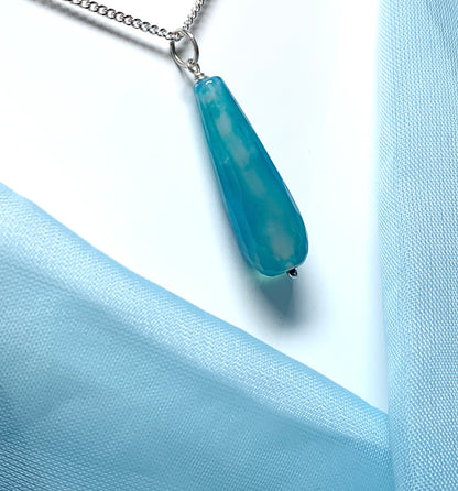 Blue agate shaped teardrop necklace pendent sterling silver bomber