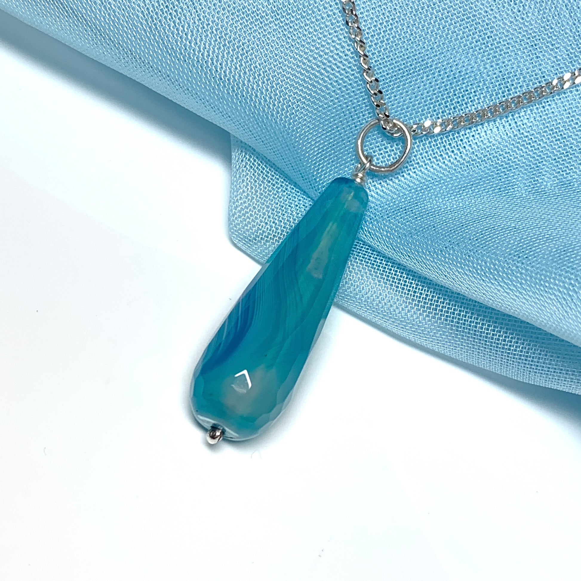 Blue agate shaped teardrop necklace pendent sterling silver bomber