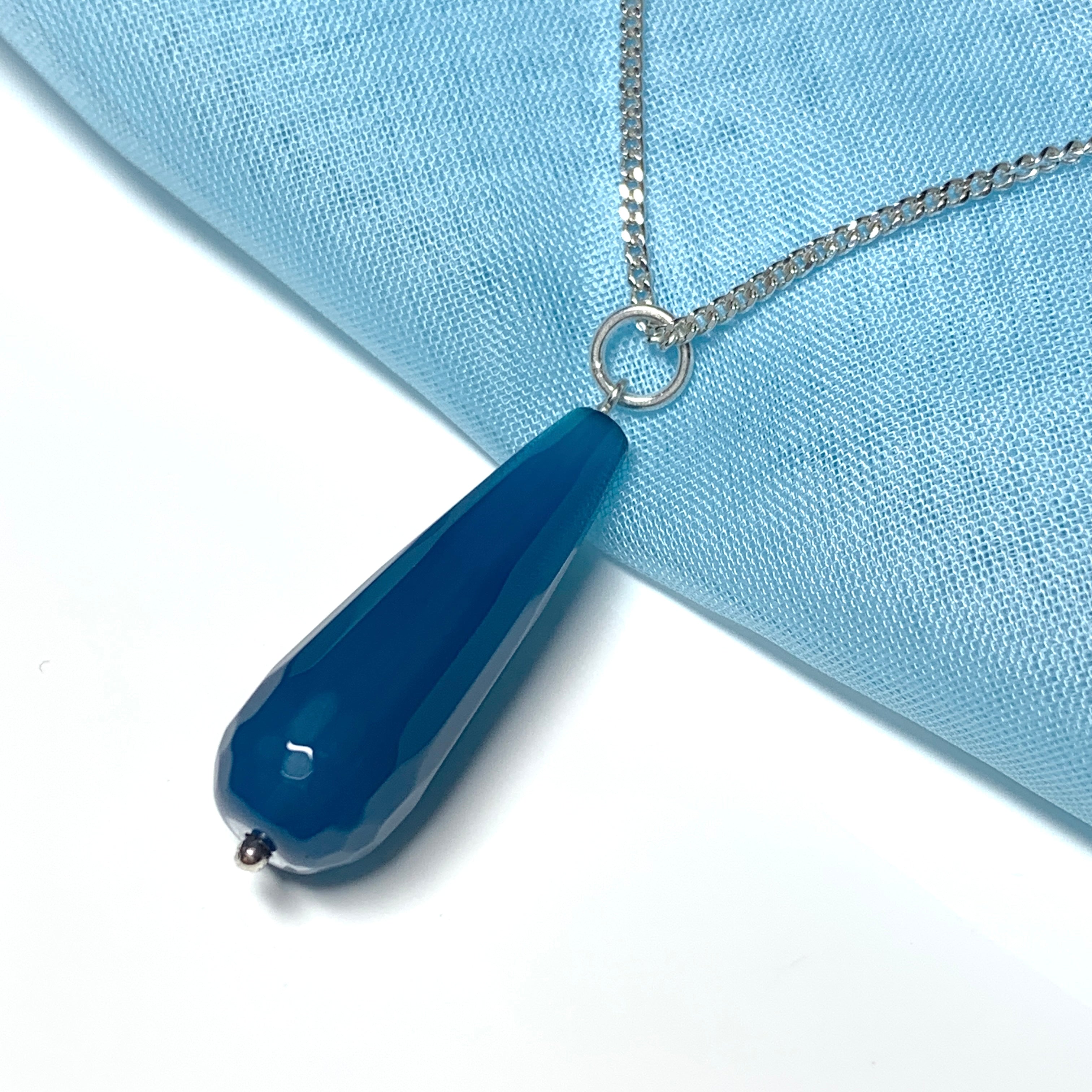 Blue agate tear drop necklace pendent sterling silver Sarah Beth