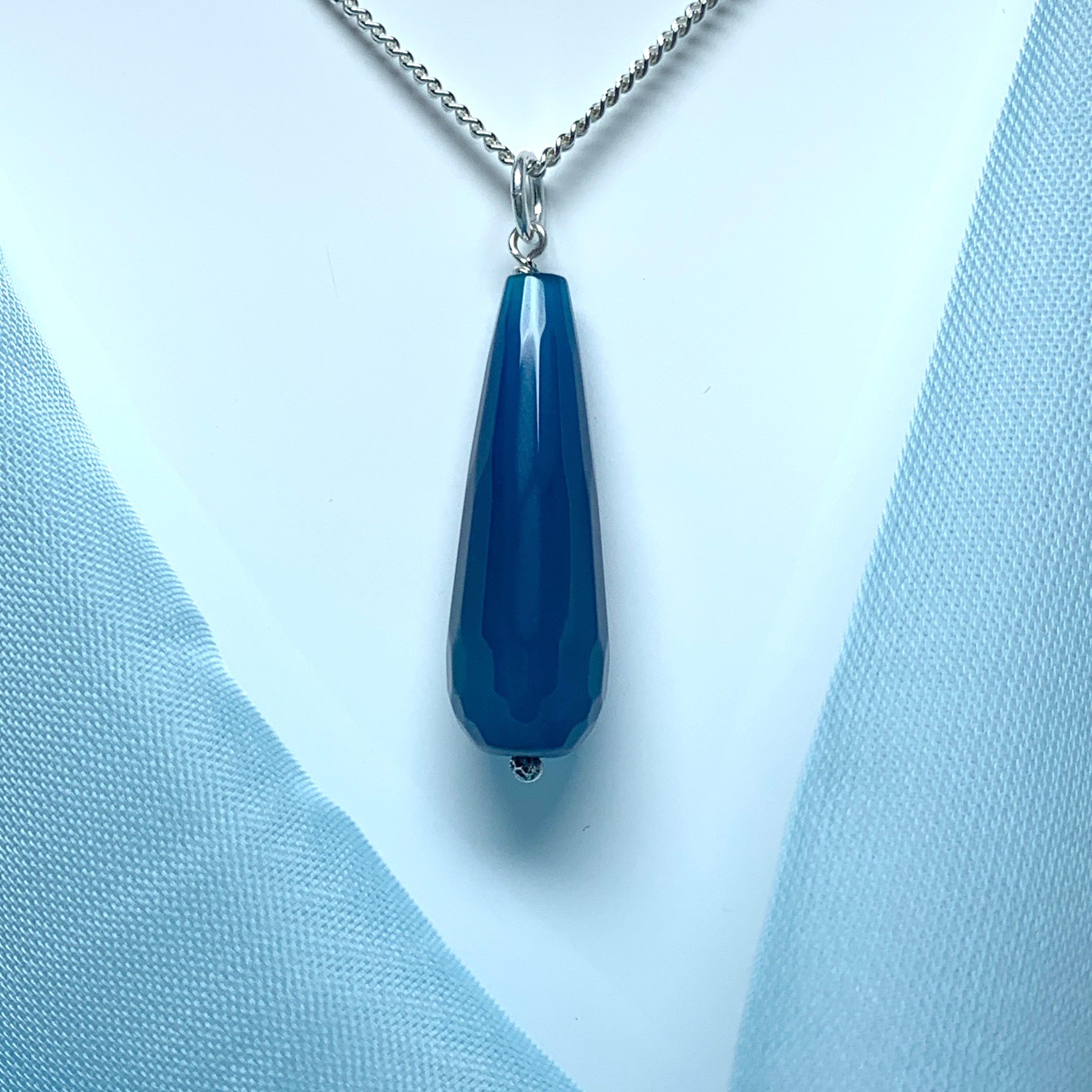 Blue agate tear drop necklace pendent sterling silver Sarah Beth