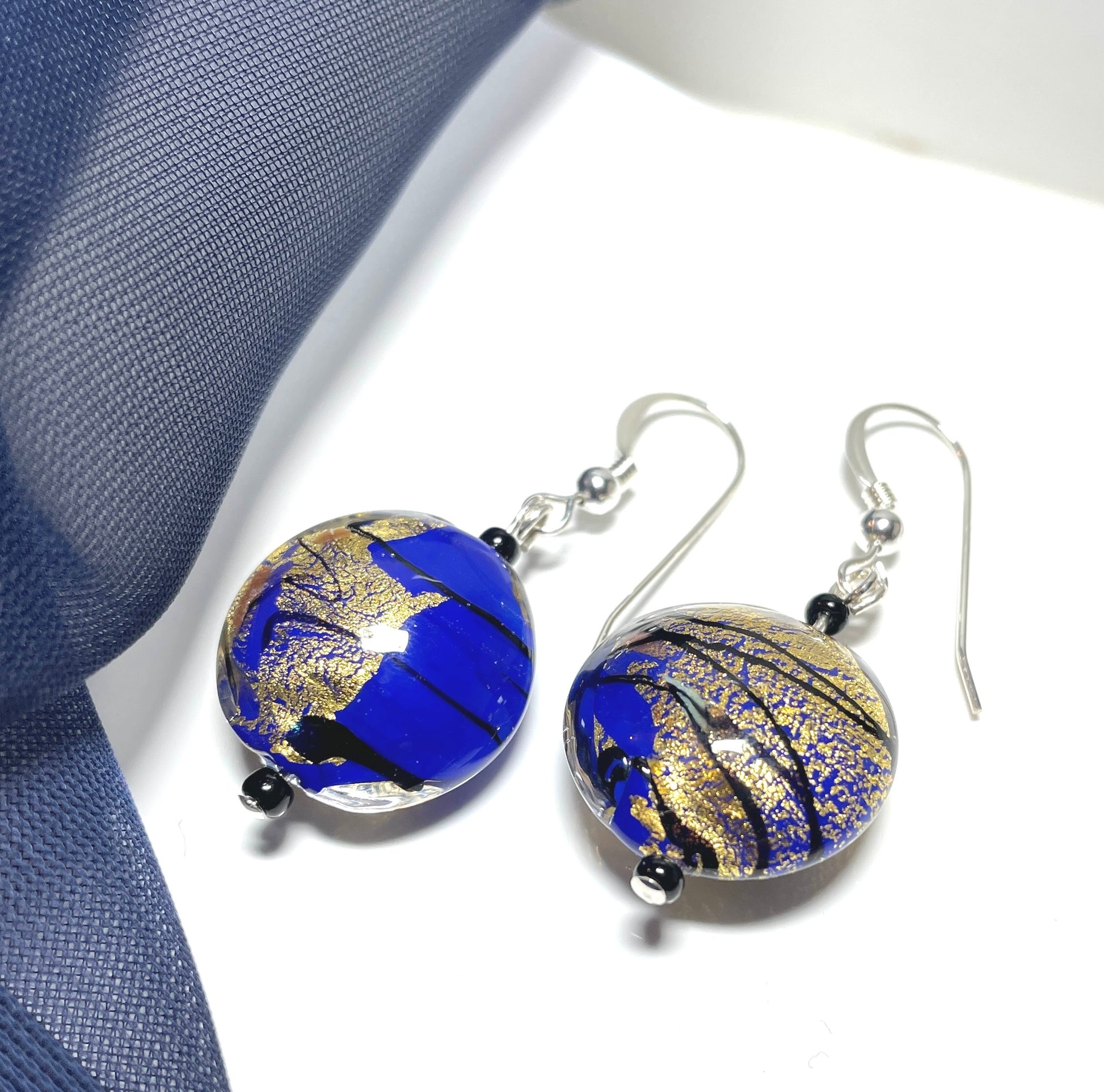 Blue and gold leaf round Murano glass drop earrings