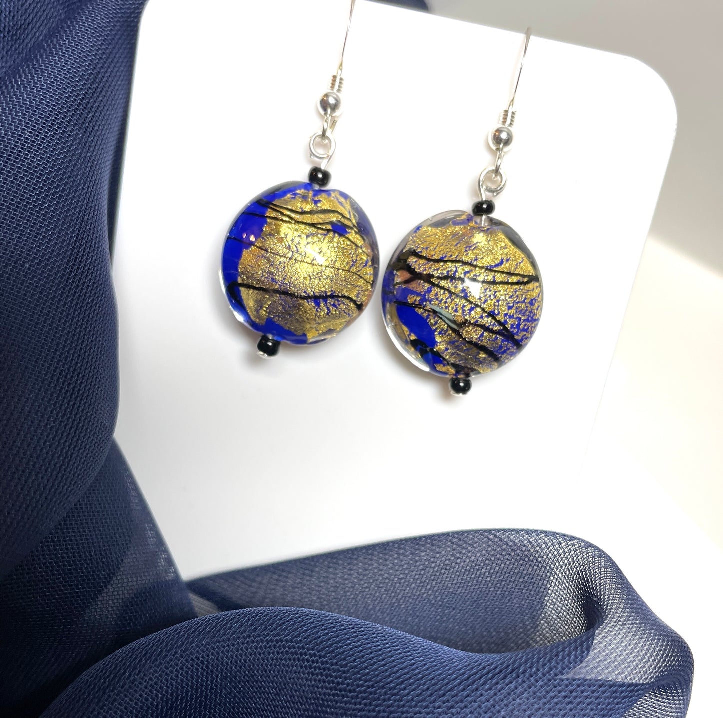 Blue and gold leaf round Murano glass drop earrings