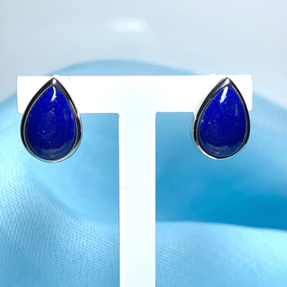 Blue lapis lazuli white gold pear teardrop stud earrings