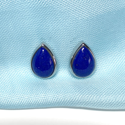 Blue lapis lazuli white gold pear teardrop stud earrings