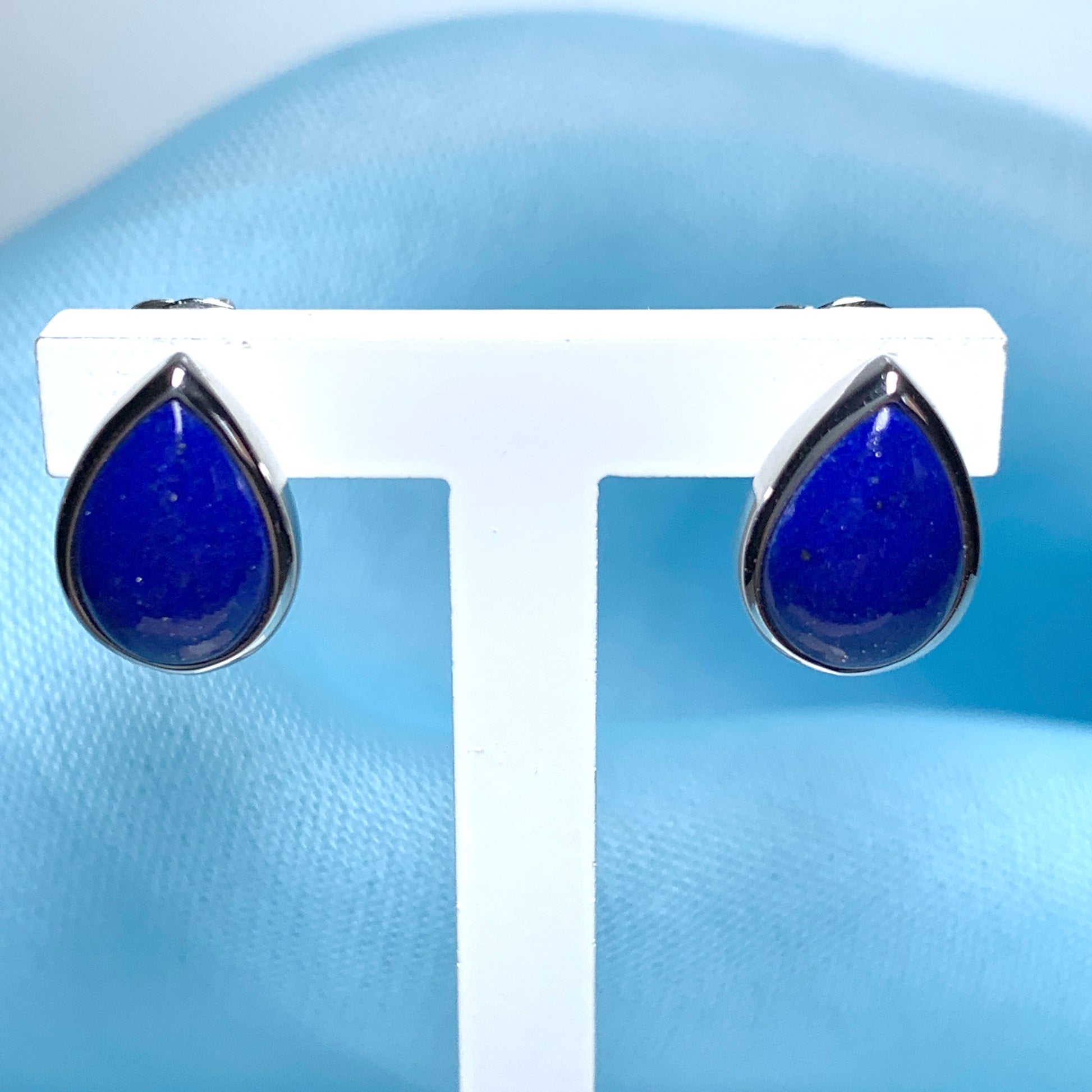 Blue lapis lazuli white gold pear teardrop stud earrings