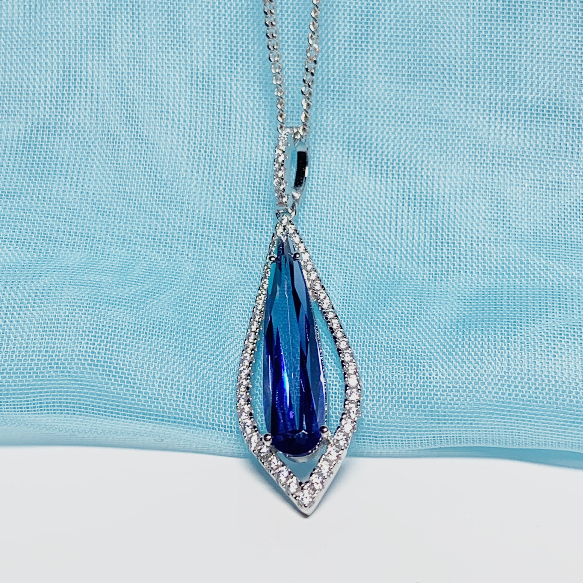 Blue long drop necklace pear shaped cubic zirconia silver cluster pendant