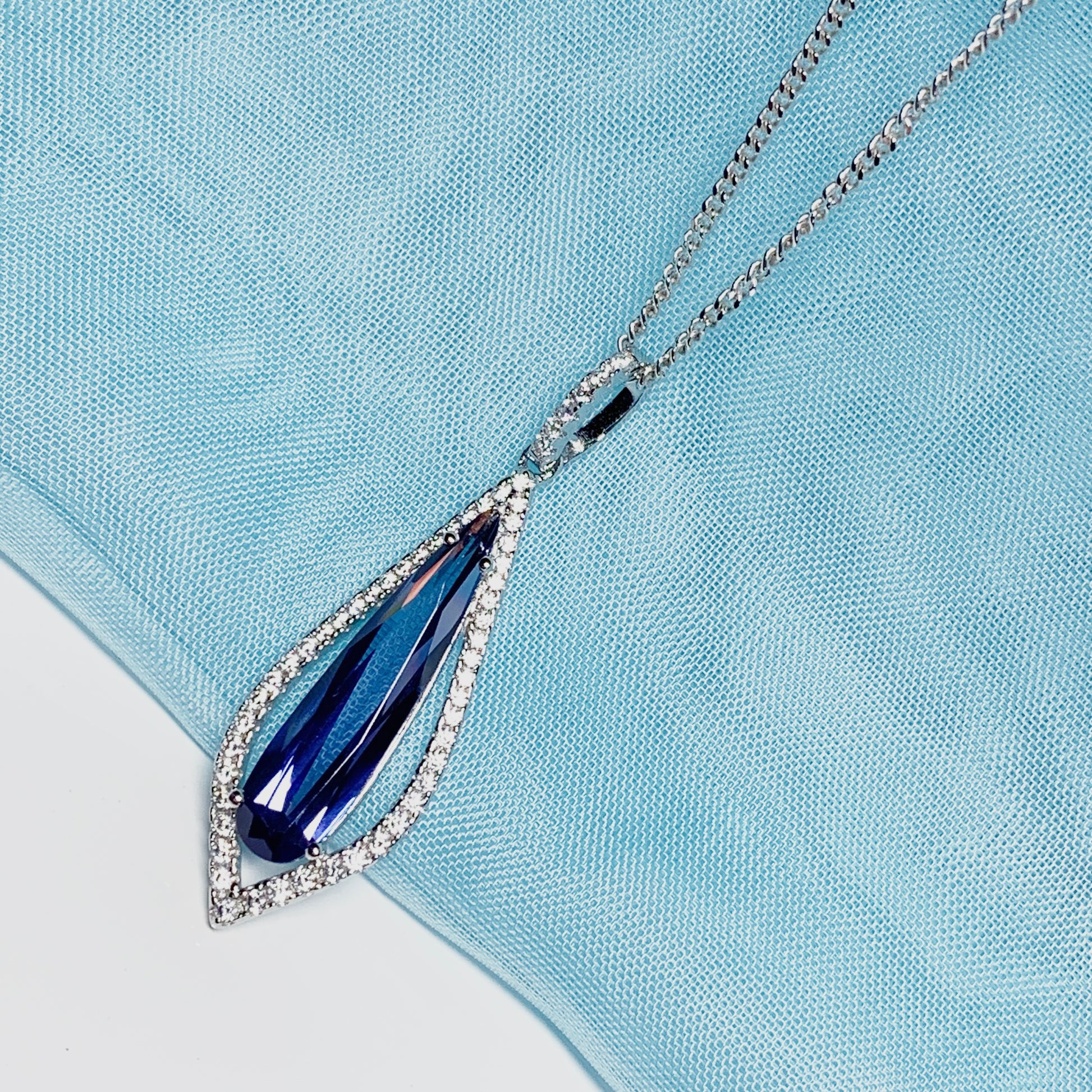 Blue long drop necklace pear shaped cubic zirconia silver cluster pendant