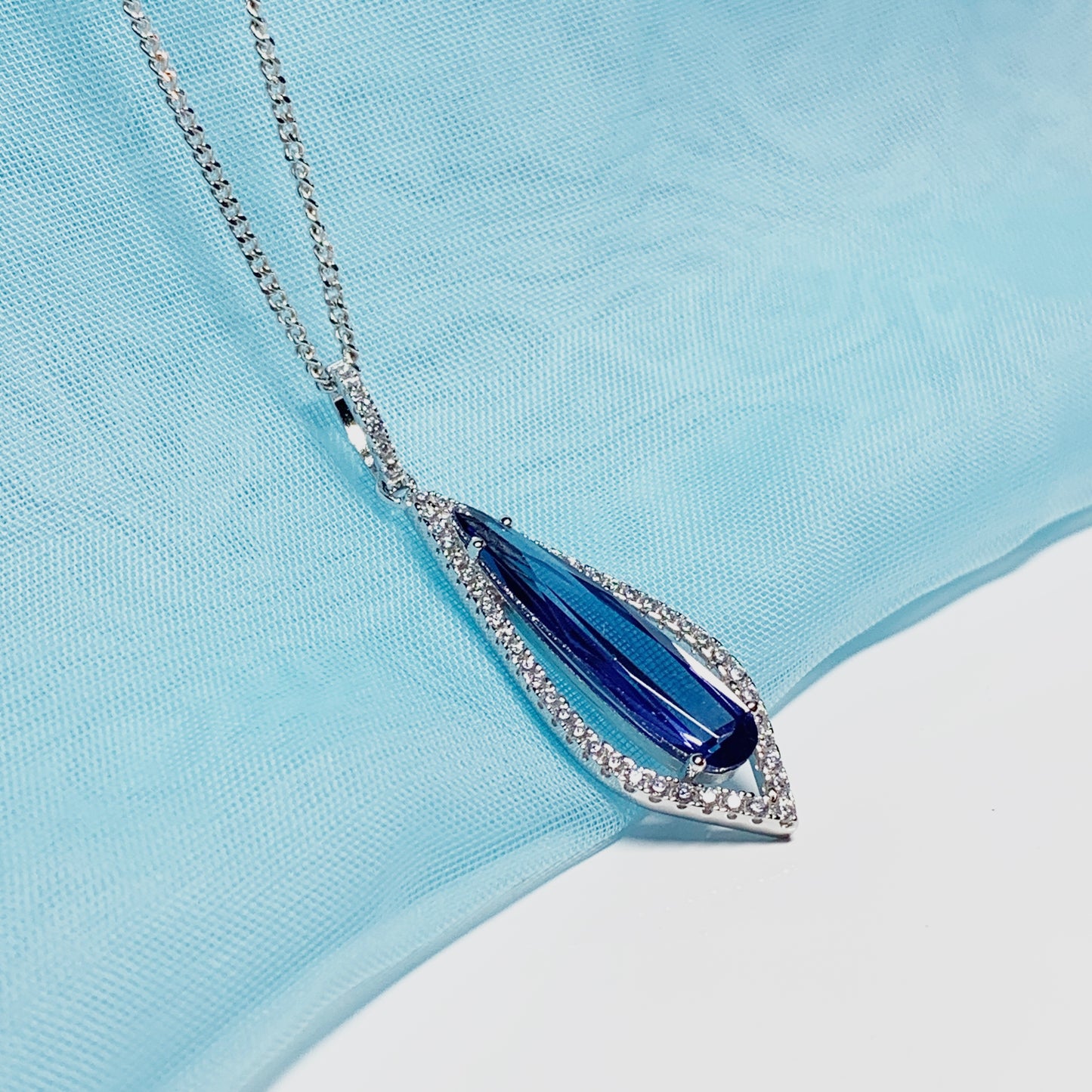 Blue long drop necklace pear shaped cubic zirconia silver cluster pendant