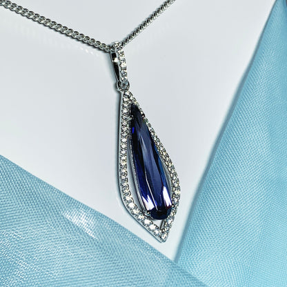 Blue long drop necklace pear shaped cubic zirconia silver cluster