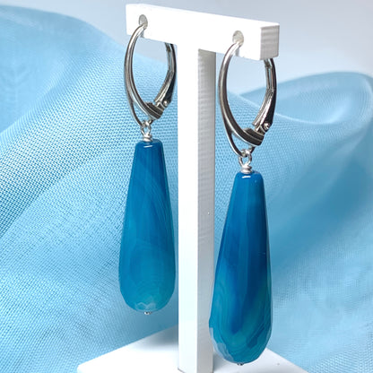 Blue long teardrop shaped agate drop earrings continental fastenings