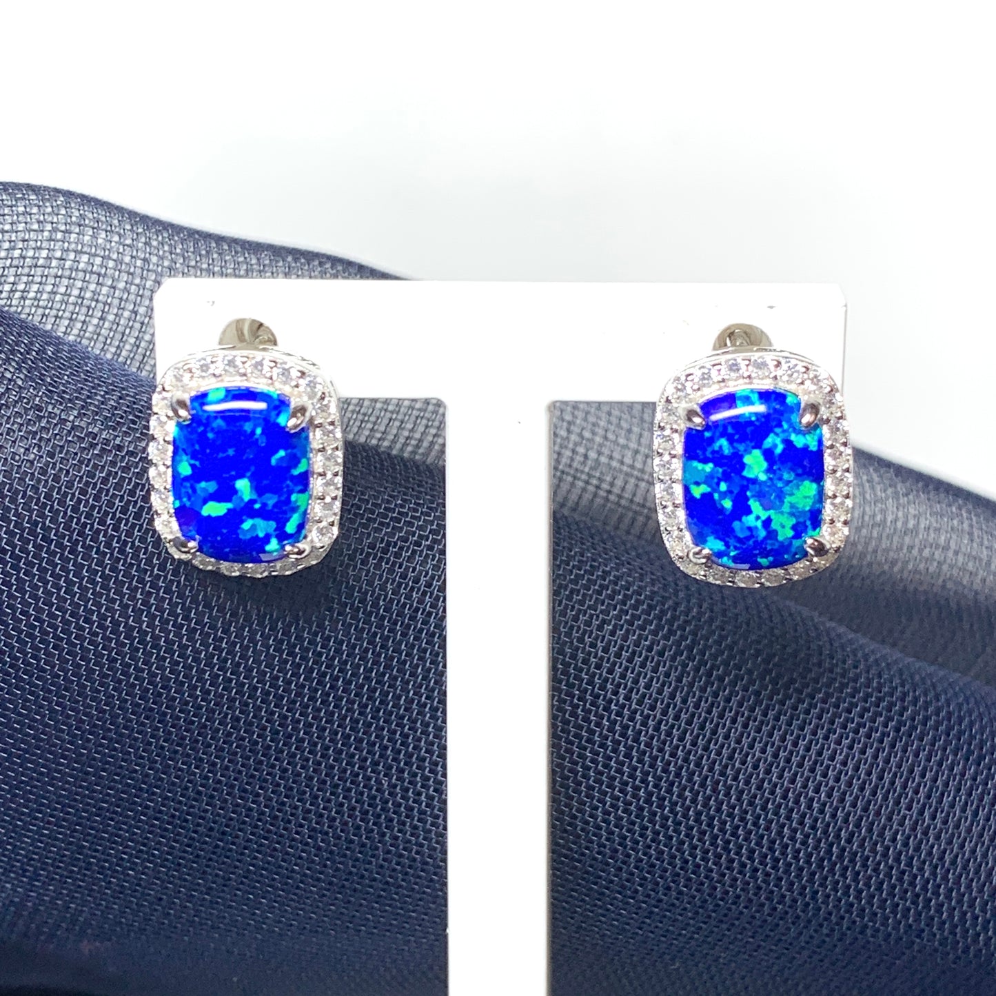 Blue opal earrings stud square sterling silver cubic zirconia