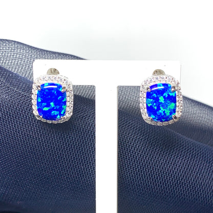 Blue opal earrings stud square sterling silver cubic zirconia