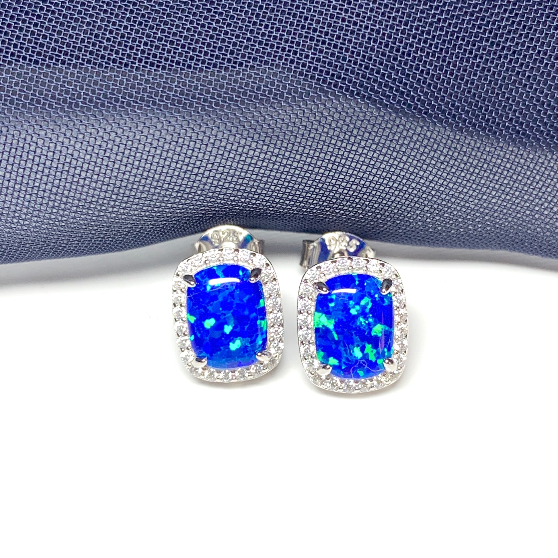 Blue opal earrings stud square sterling silver cubic zirconia