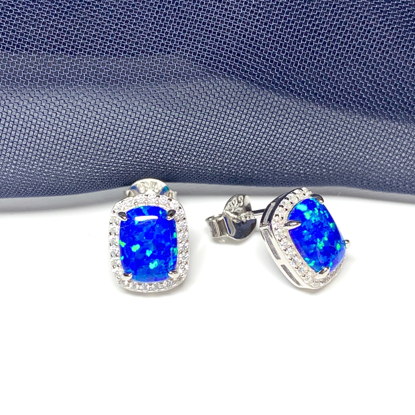 Blue opal earrings stud square sterling silver cubic zirconia