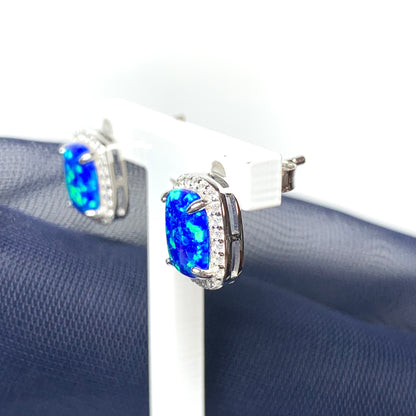 Blue opal earrings stud square sterling silver cubic zirconia