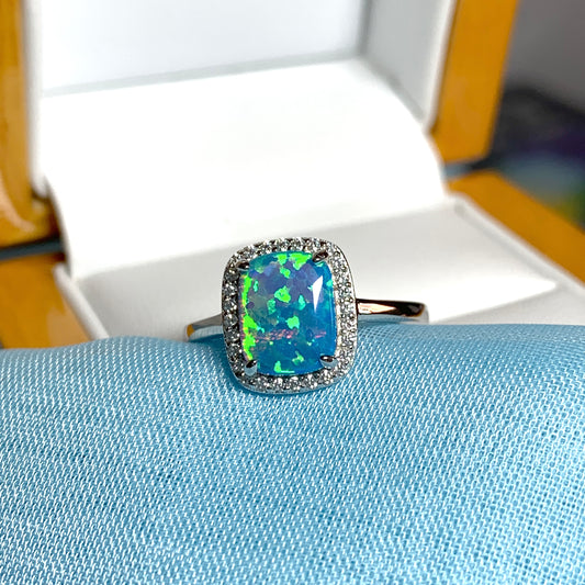 Blue opal ring cluster square sterling silver cubic zirconia