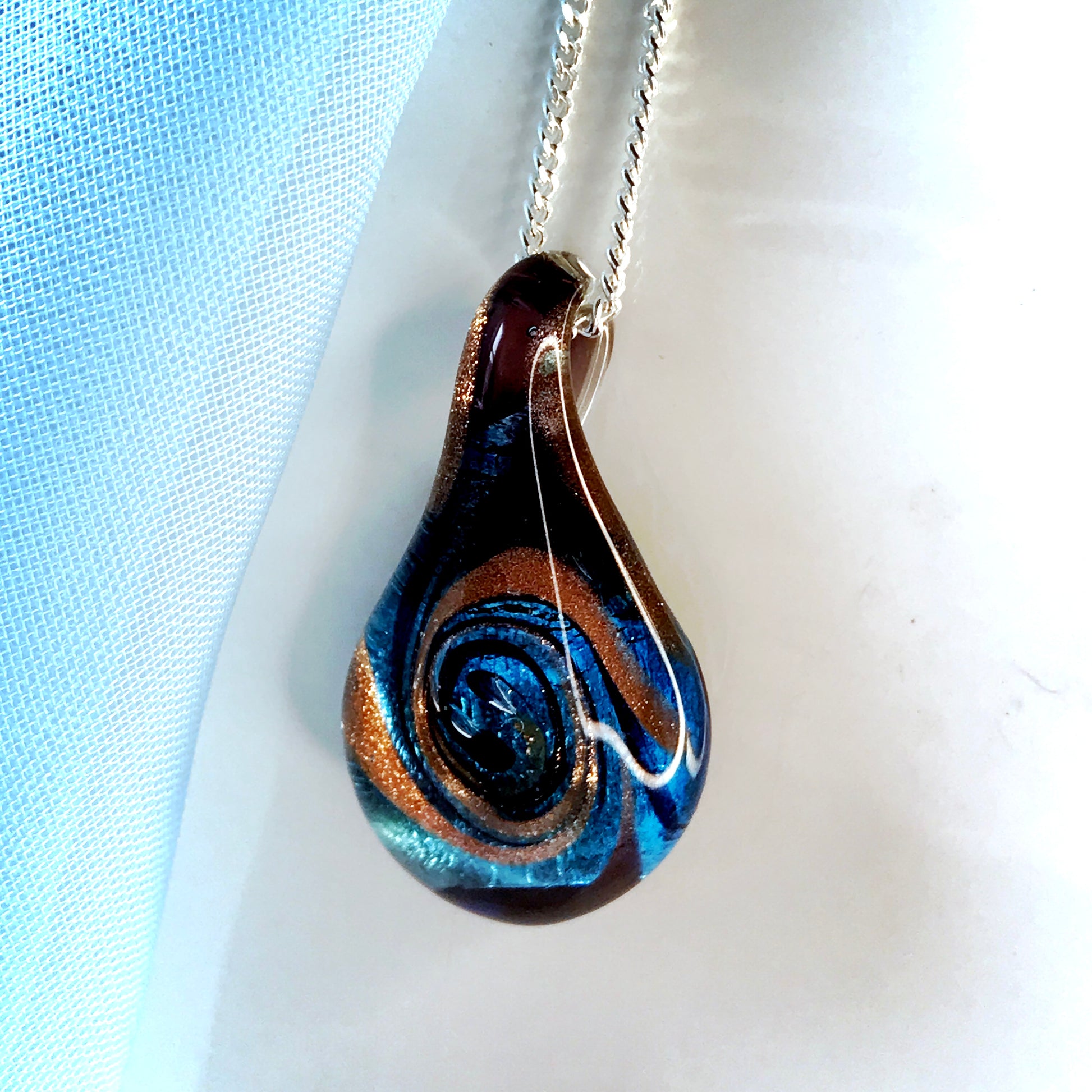 Blue real Murano glass tear drop necklace pendant including chain