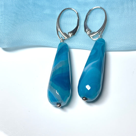 Blue teardrop drop earrings with continental wire fittings long agate stones