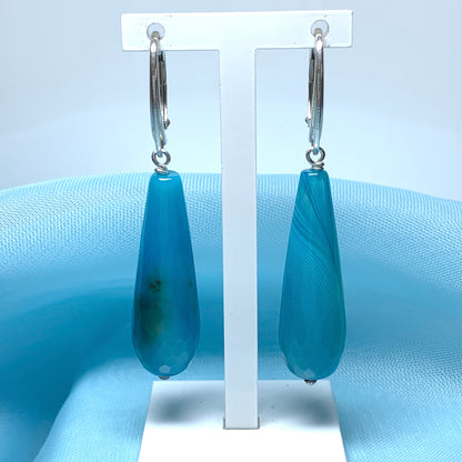 Blue teardrop pear shaped long drop agate earrings continental wires