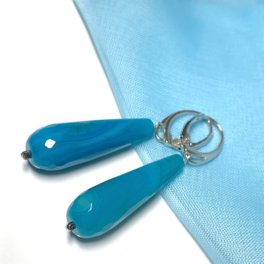 Blue teardrop pear shaped long drop agate earrings continental wires