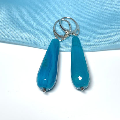 Blue teardrop pear shaped long drop agate earrings continental wires