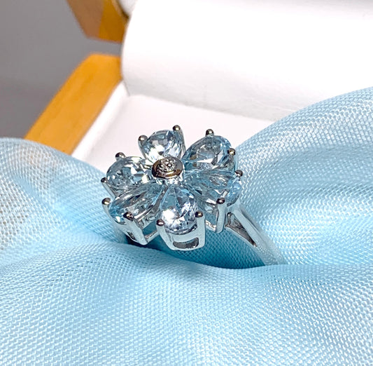Blue topaz diamond round sterling silver daisy petal cluster ring