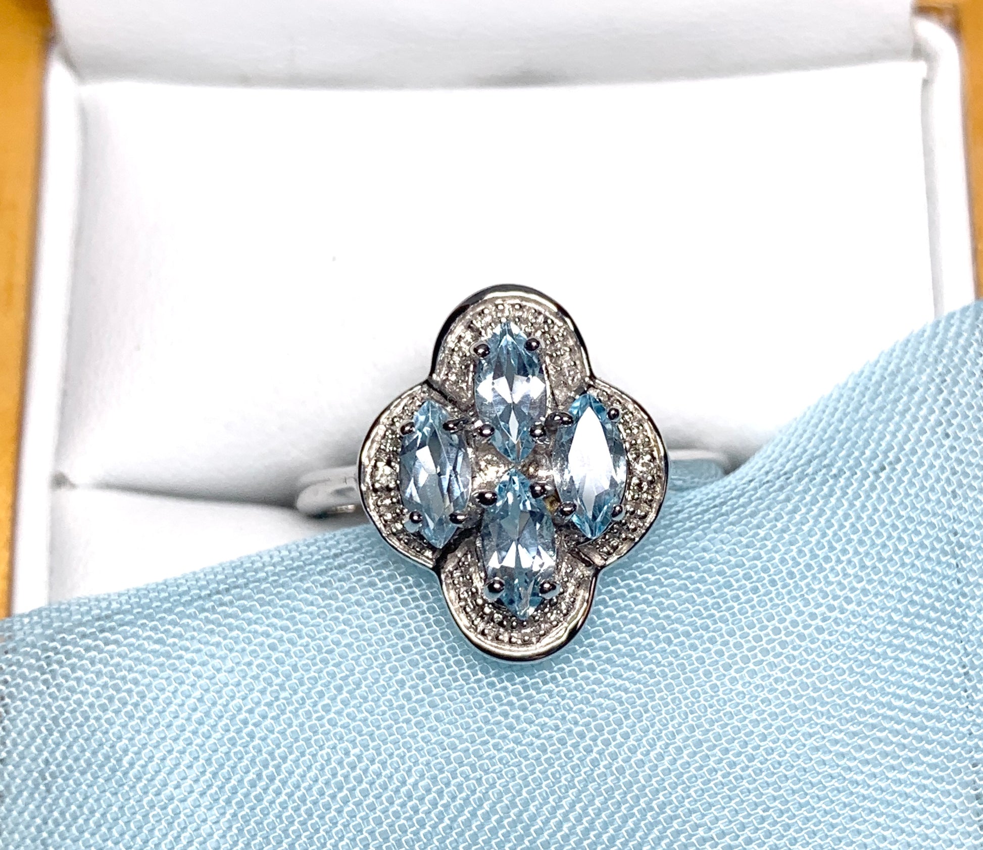 Blue topaz diamond sterling silver marquise cut cluster ring