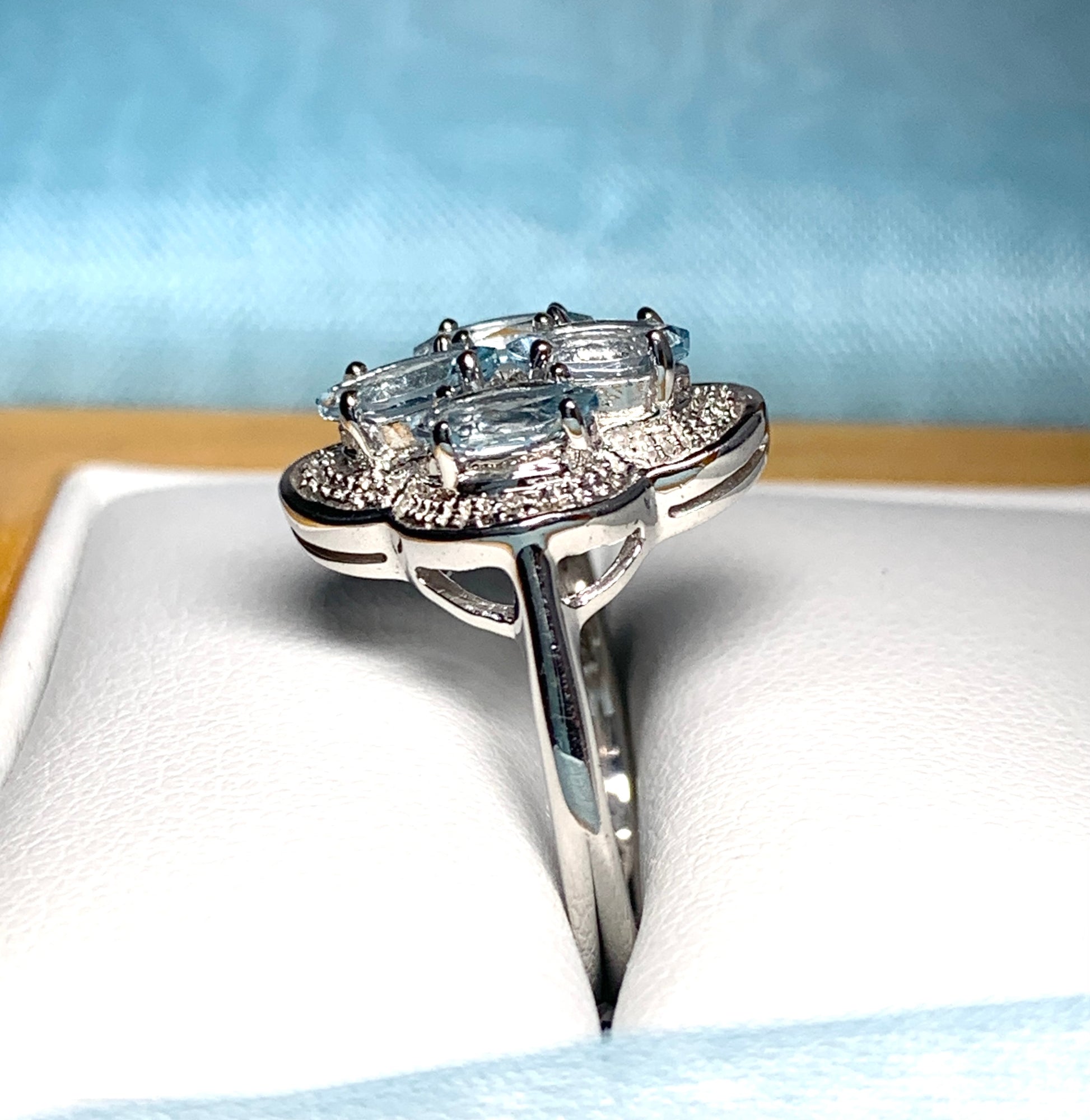 Blue topaz diamond sterling silver marquise cut cluster ring