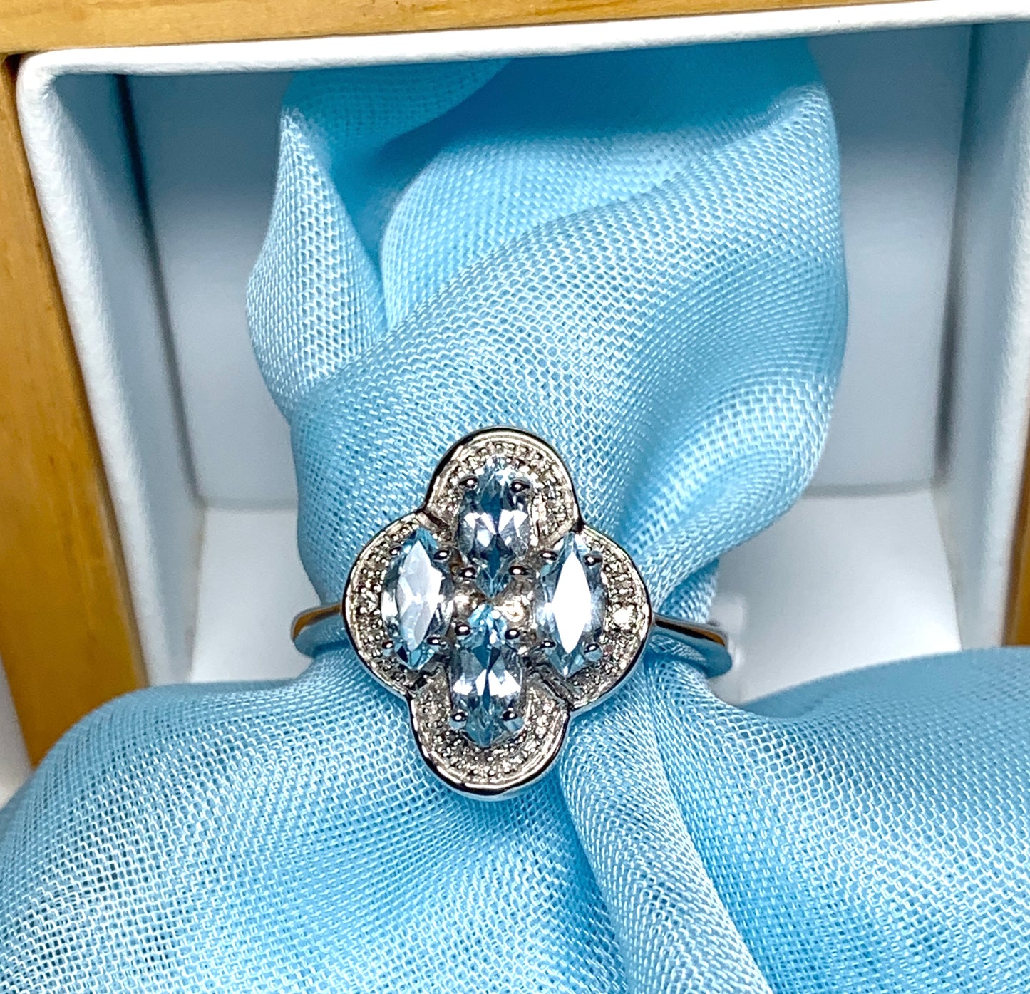 Blue topaz diamond sterling silver marquise cut cluster ring