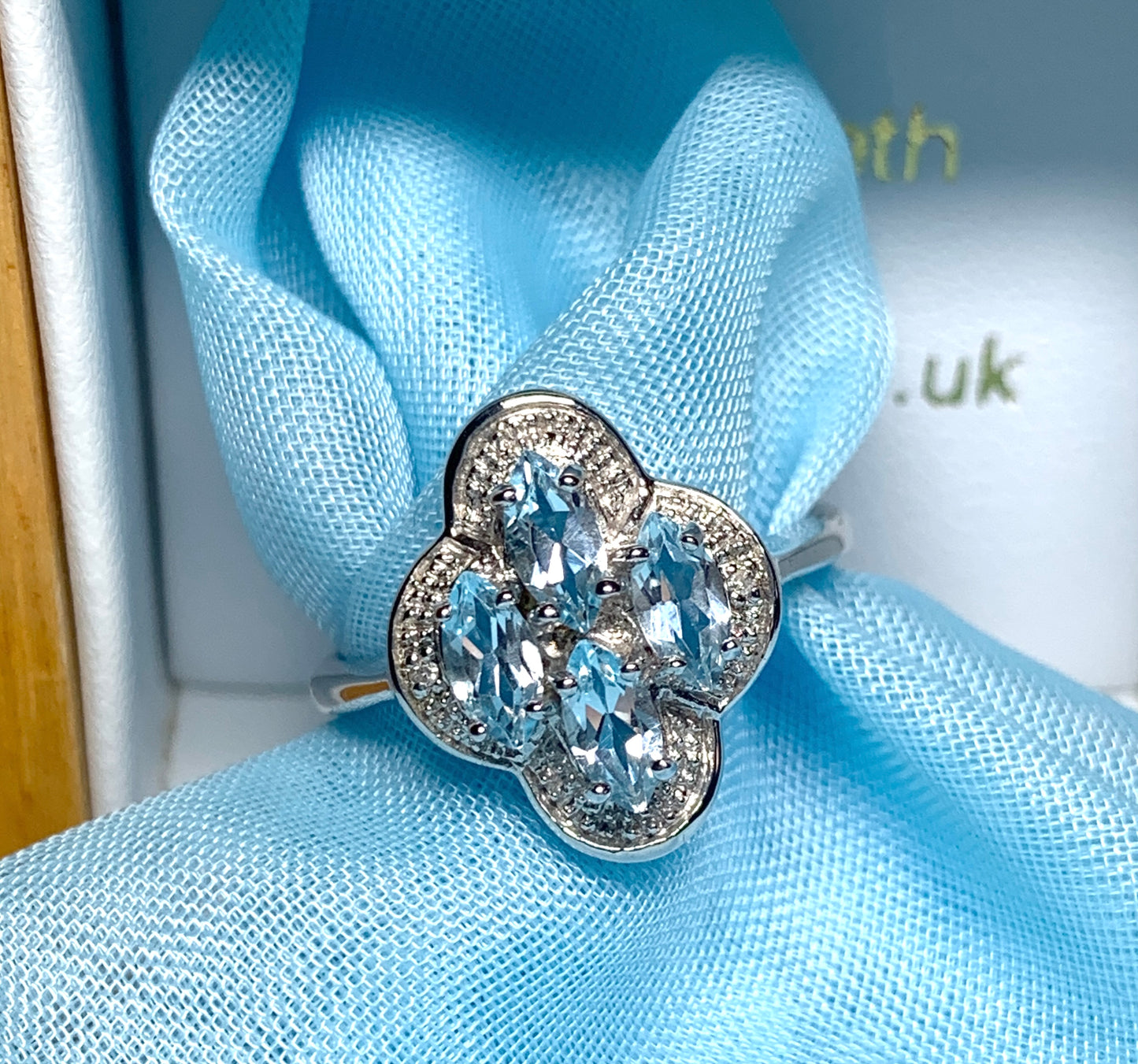 Blue topaz diamond sterling silver marquise cut cluster ring