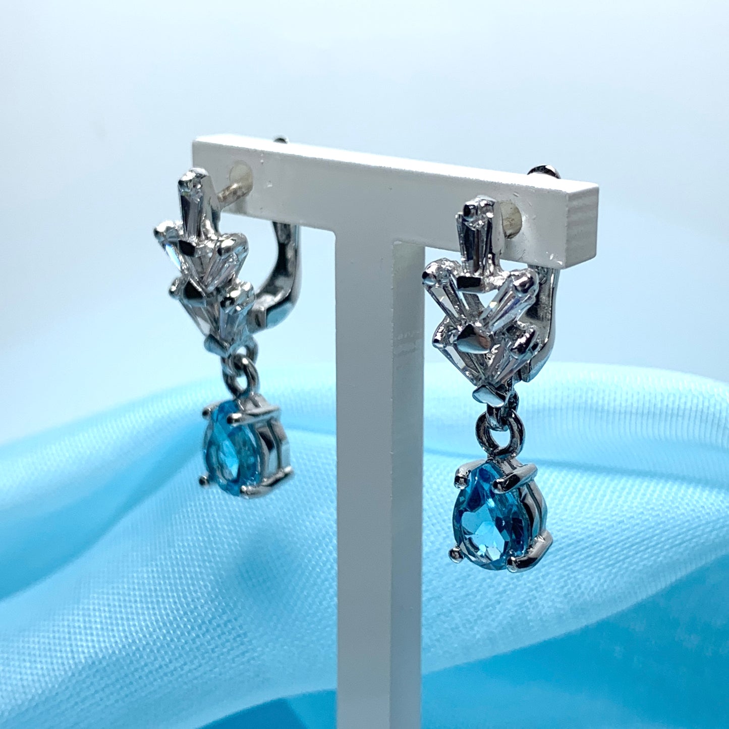 Blue topaz pear shaped sterling silver with cubic zirconia drop earrings