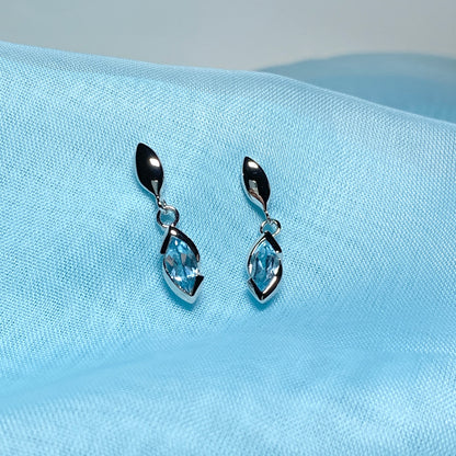 Blue topaz sterling silver marquise shaped drop earrings