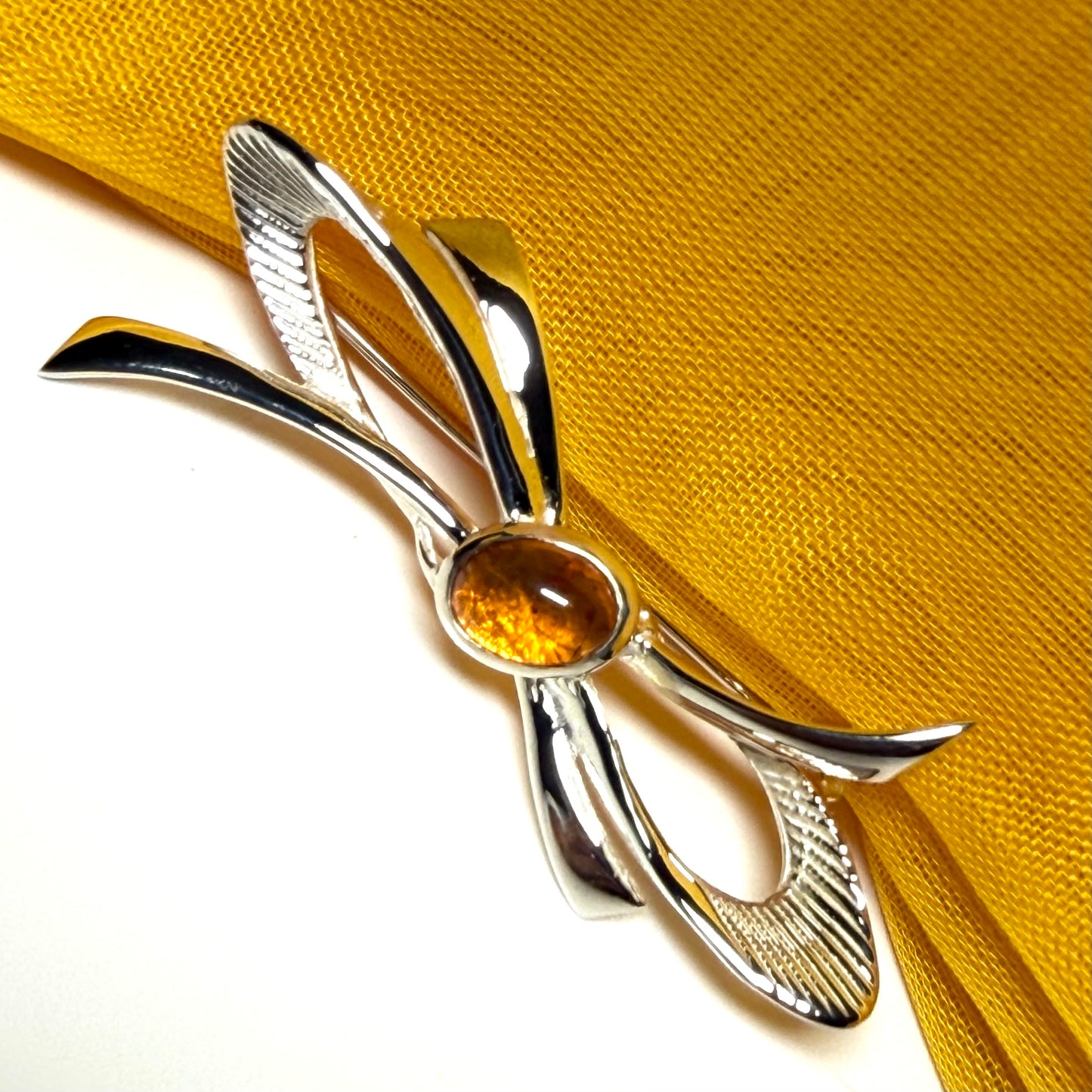 Bow Shape Sterling silver real amber brooch