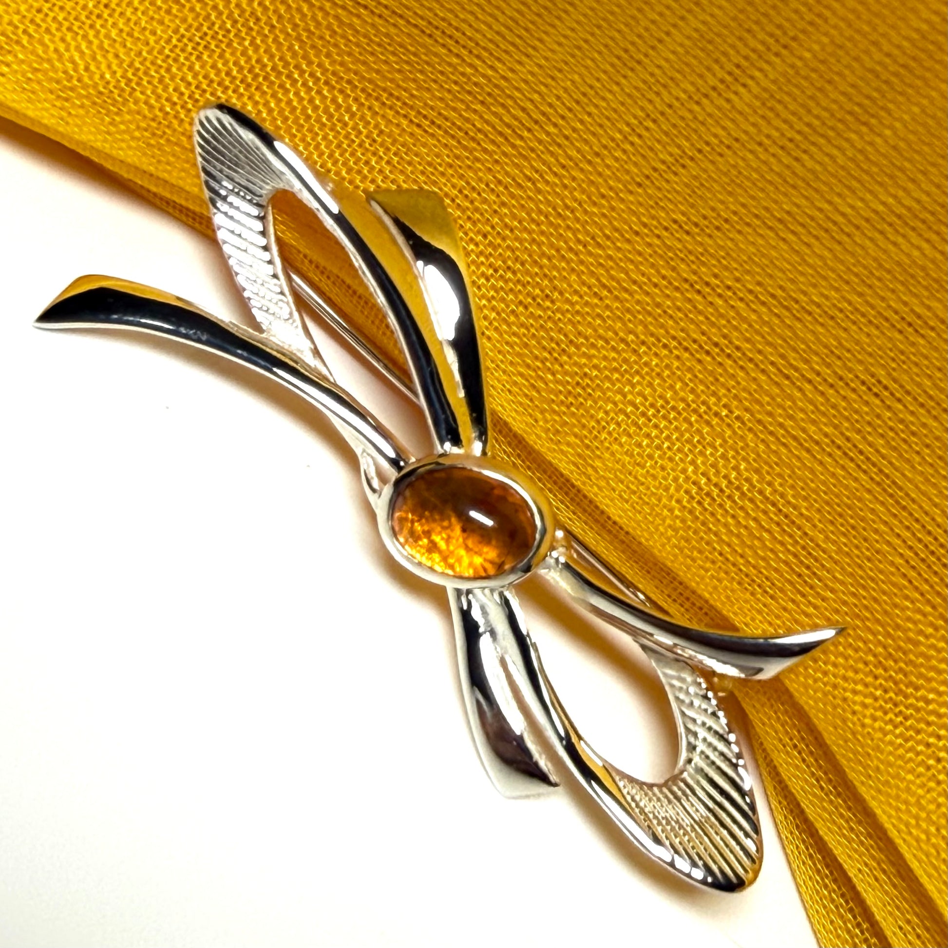 Bow Shape Sterling silver real amber brooch