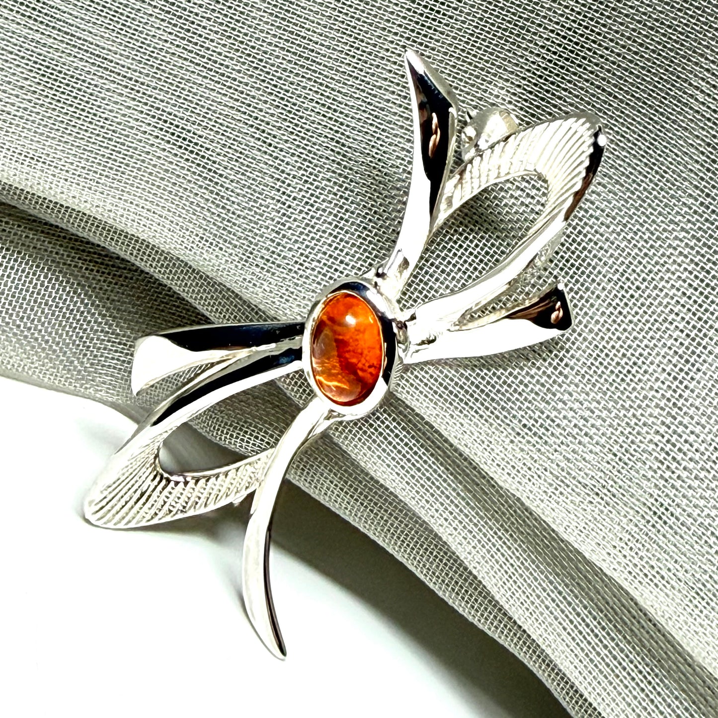 Bow Shaped Sterling silver real amber brooch