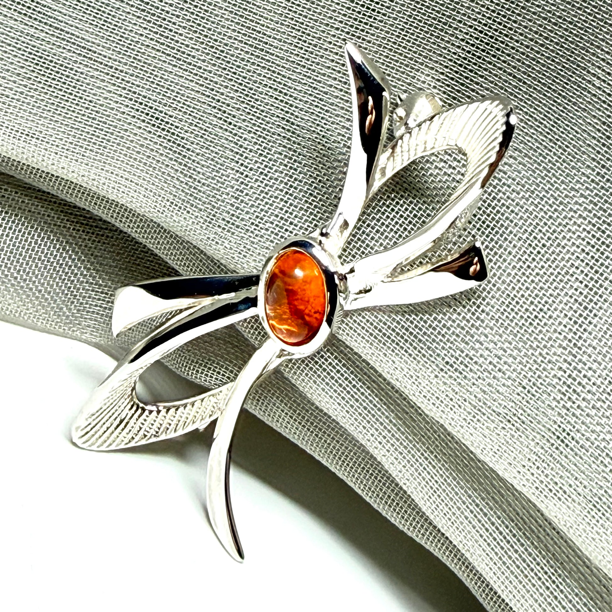 Bow Shaped Sterling silver real amber brooch