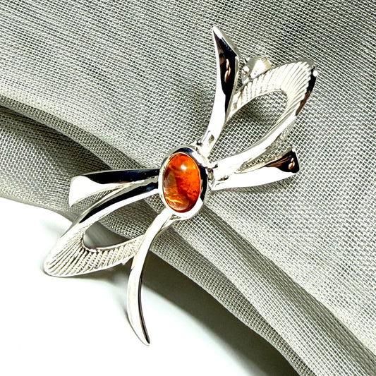 Bow Shaped Sterling silver real amber brooch