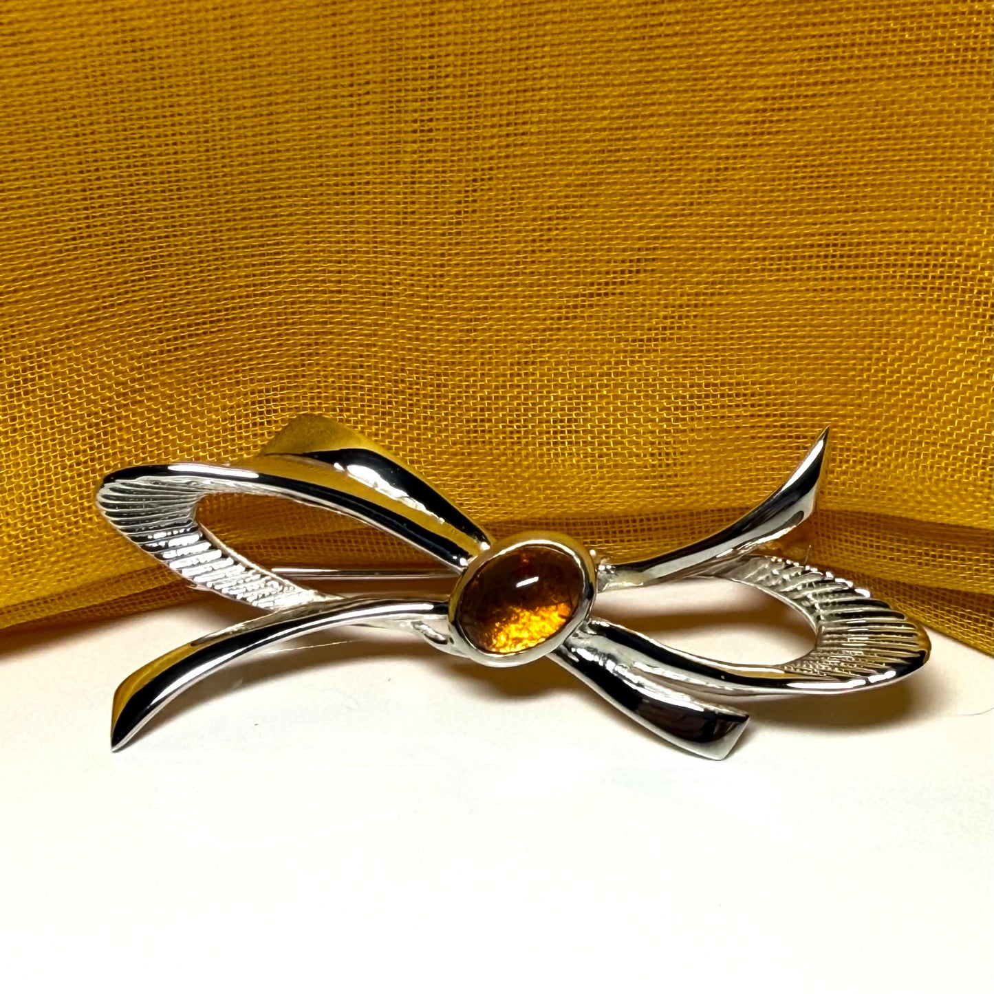 Bow Shape Sterling silver real amber brooch
