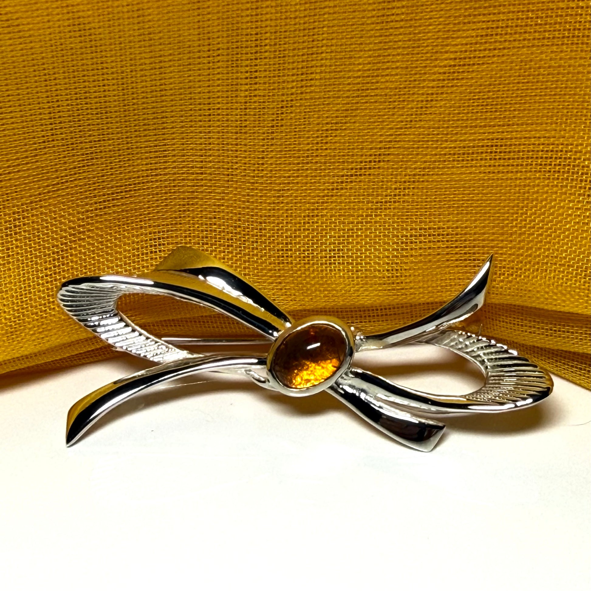 Bow Shape Sterling silver real amber brooch