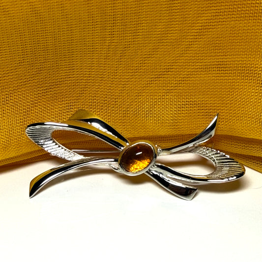 Bow Shape Sterling silver real amber brooch