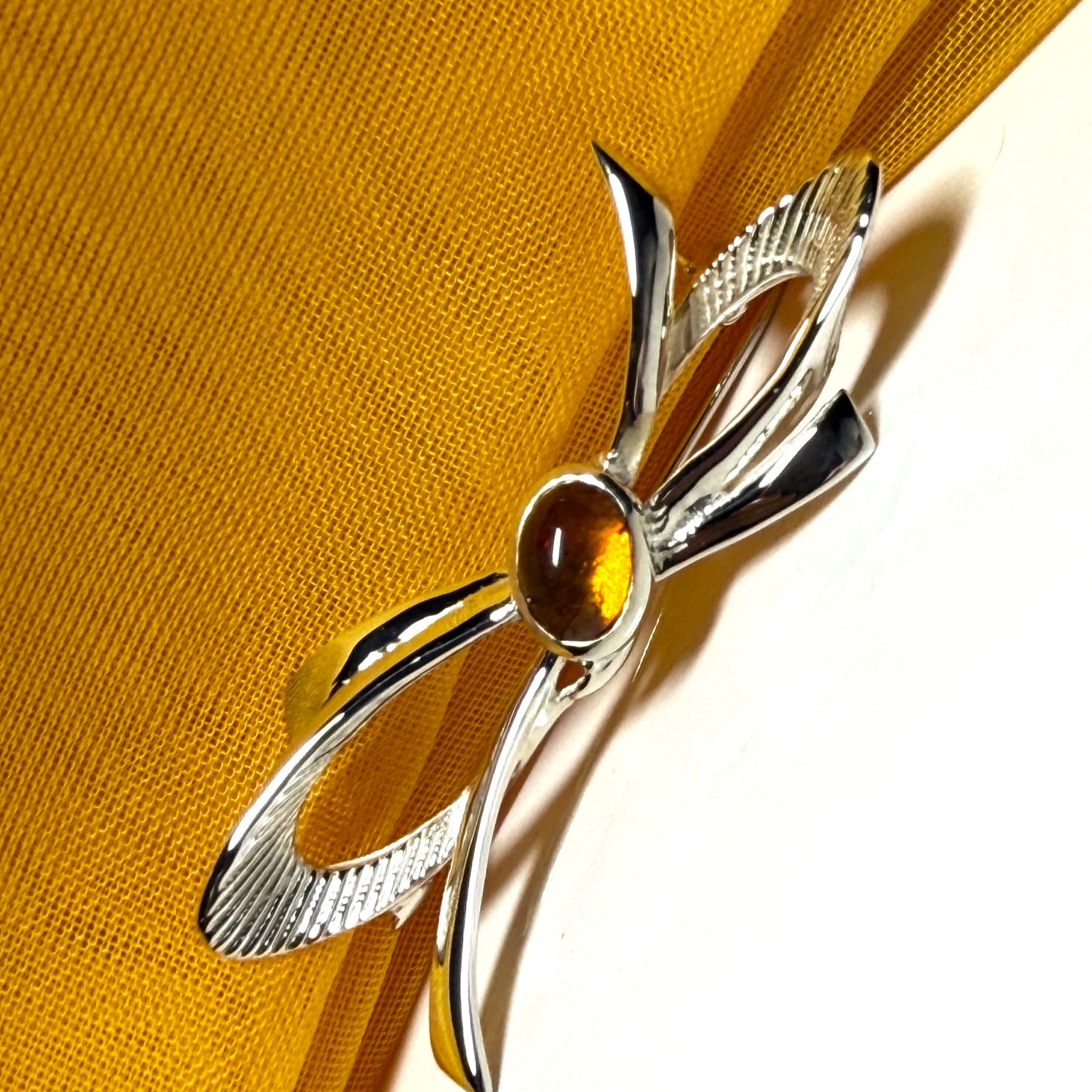 Bow Shape Sterling silver real amber brooch