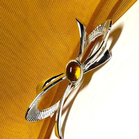 Bow Shape Sterling silver real amber brooch