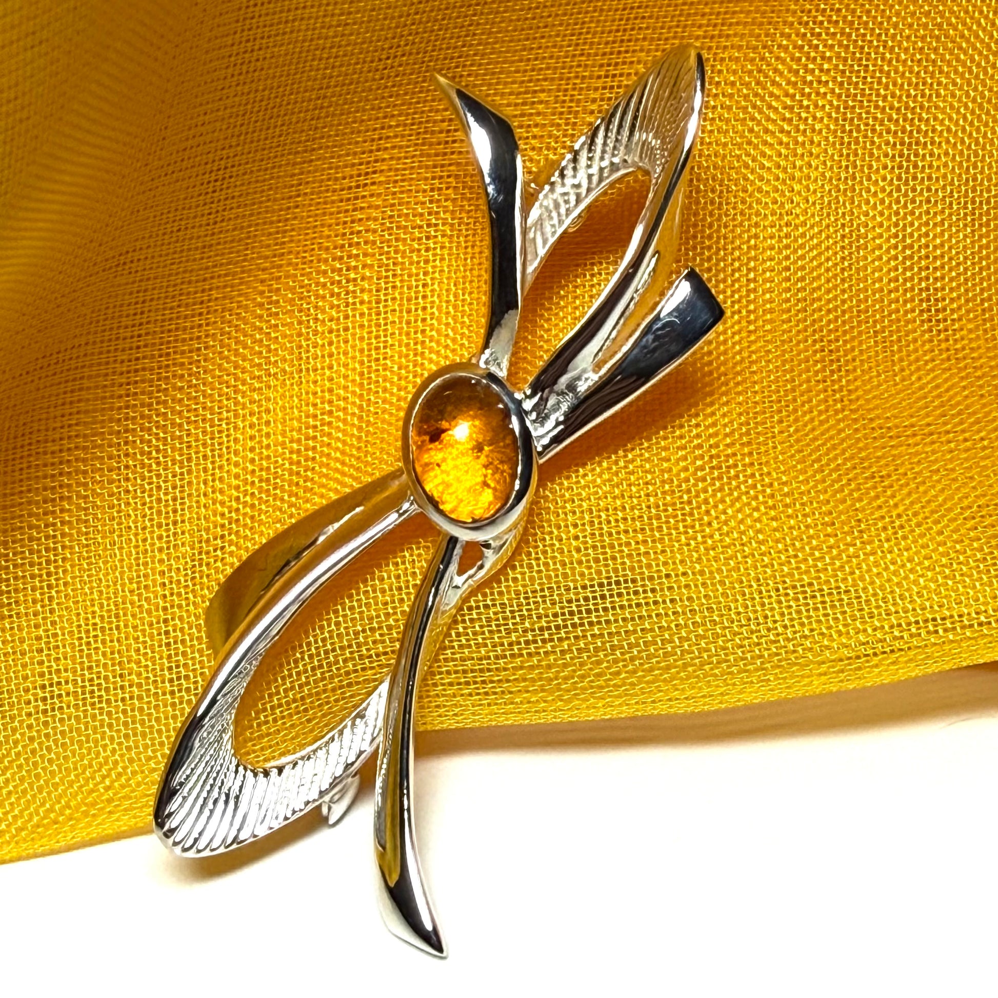 Bow Shape Sterling silver real amber brooch